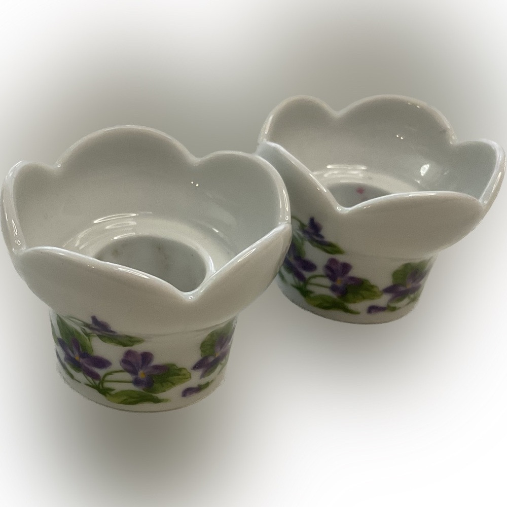 2 small floral candle holders for tapered candles purple green